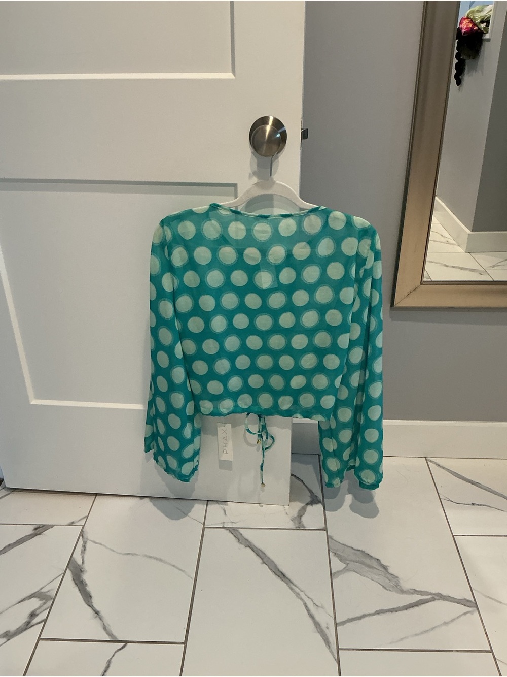 Polka Dot Drawstring Crop Top - Teal Green - Picture 2 of 6
